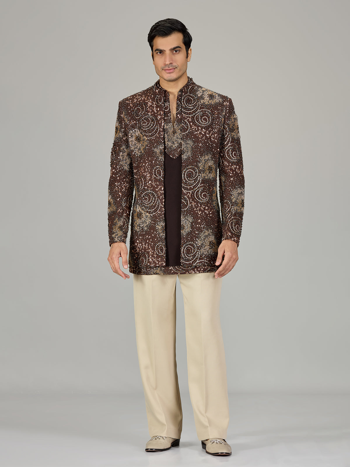 Brown embroidered open jacket indo western for men