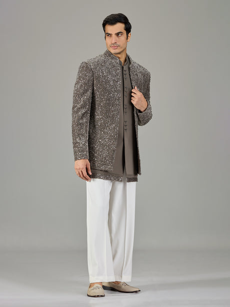 Grey wedding layered jacket indo western for men