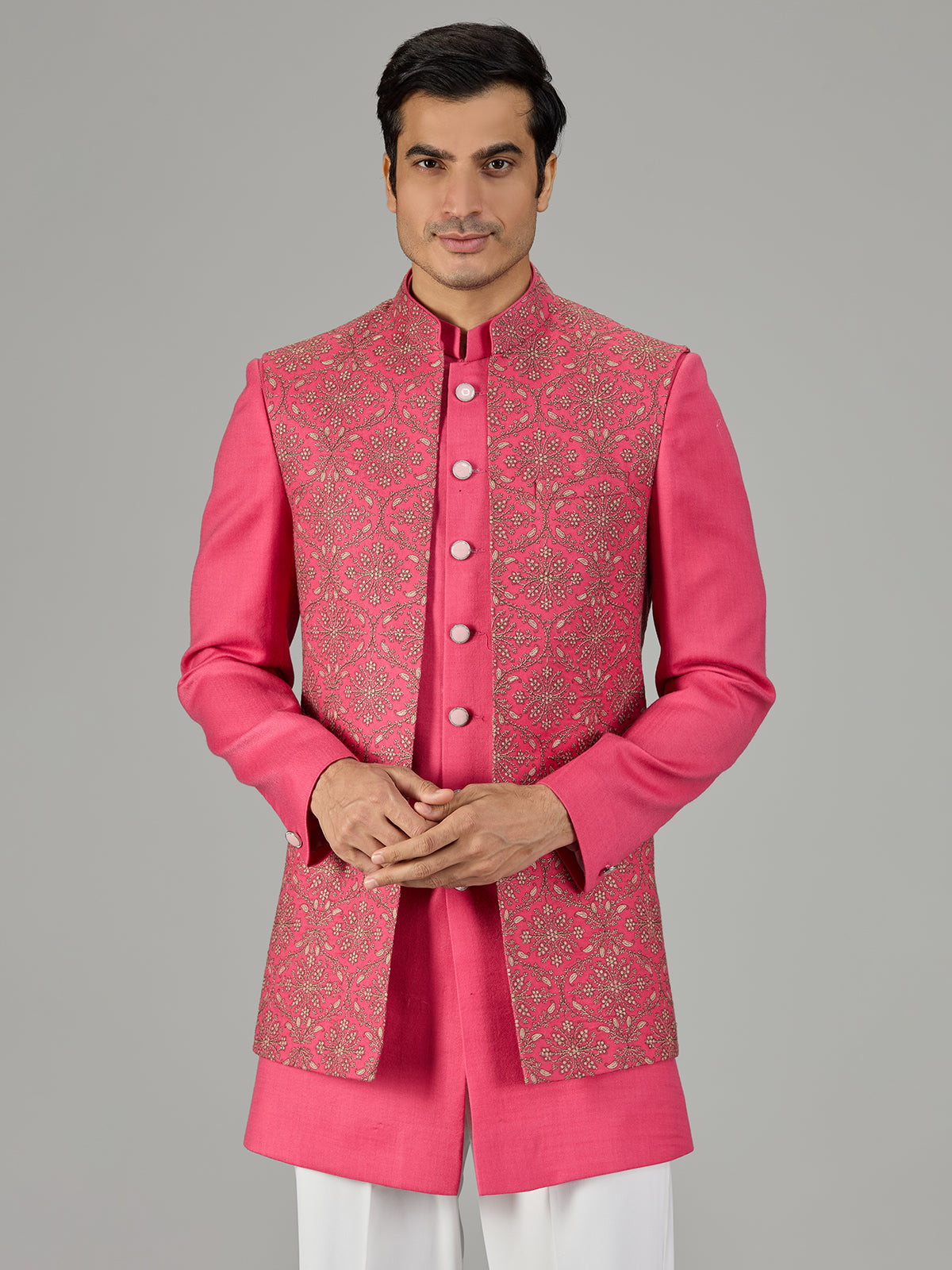 Pink embroidered open jacket men indo western