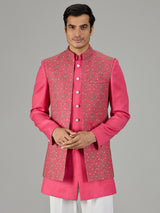 Pink embroidered open jacket men indo western