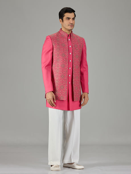 Pink embroidered open jacket men indo western