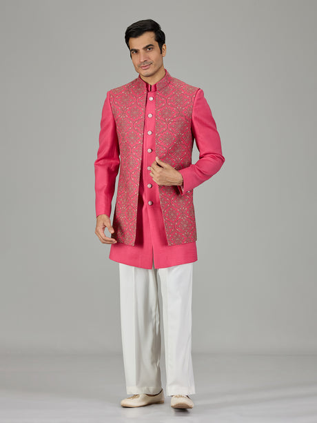 Pink embroidered open jacket men indo western
