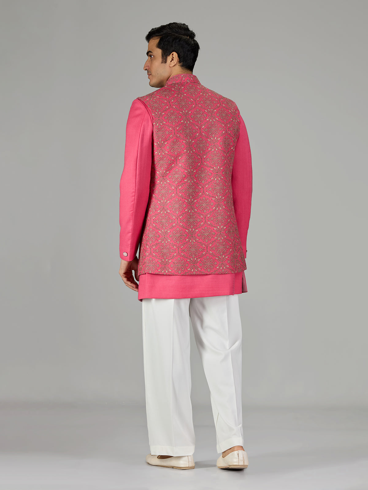 Pink embroidered open jacket men indo western