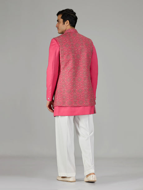 Pink embroidered open jacket men indo western