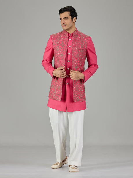 Pink embroidered open jacket men indo western