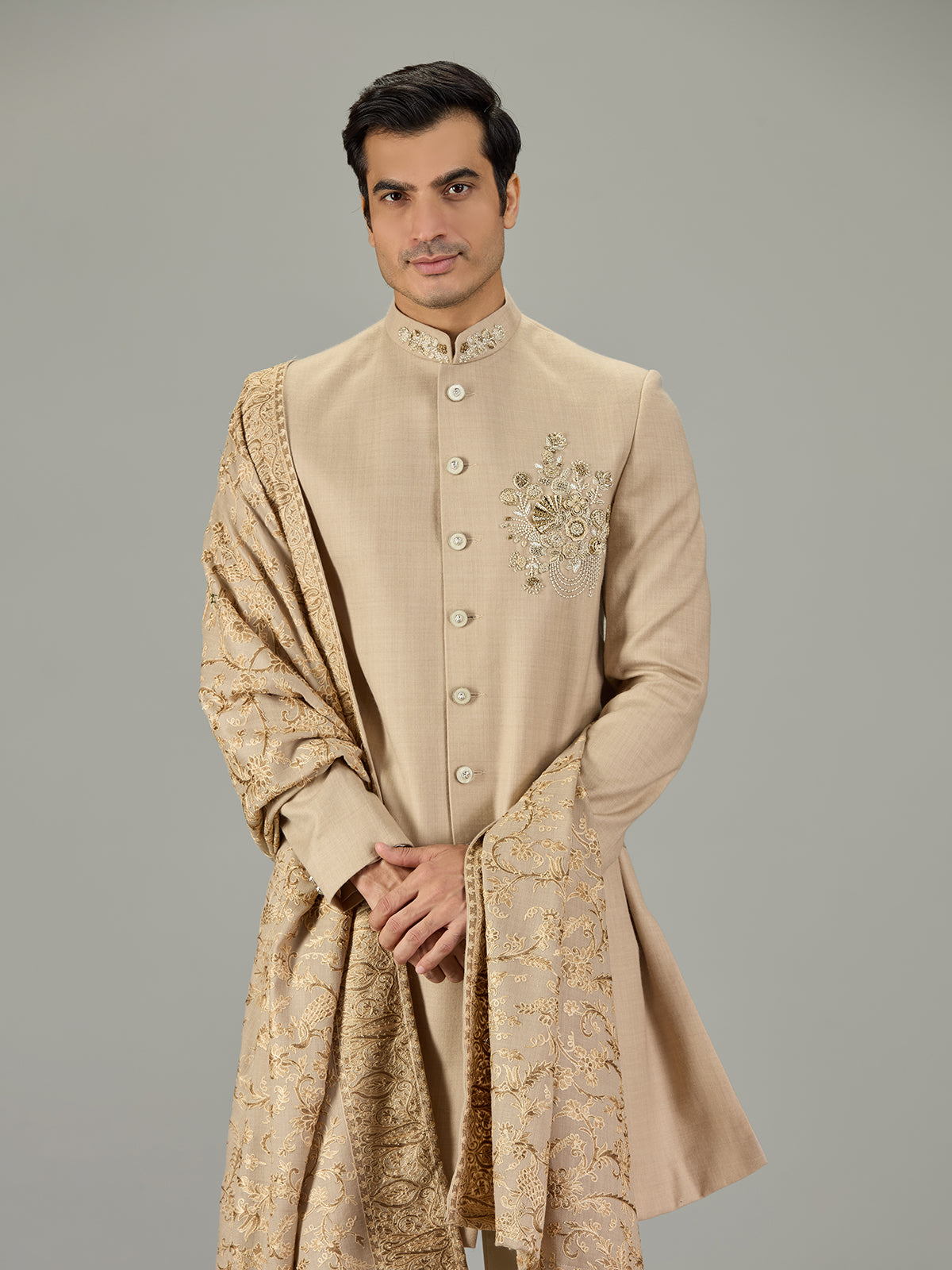 Beige floral border embroidered men indo western
