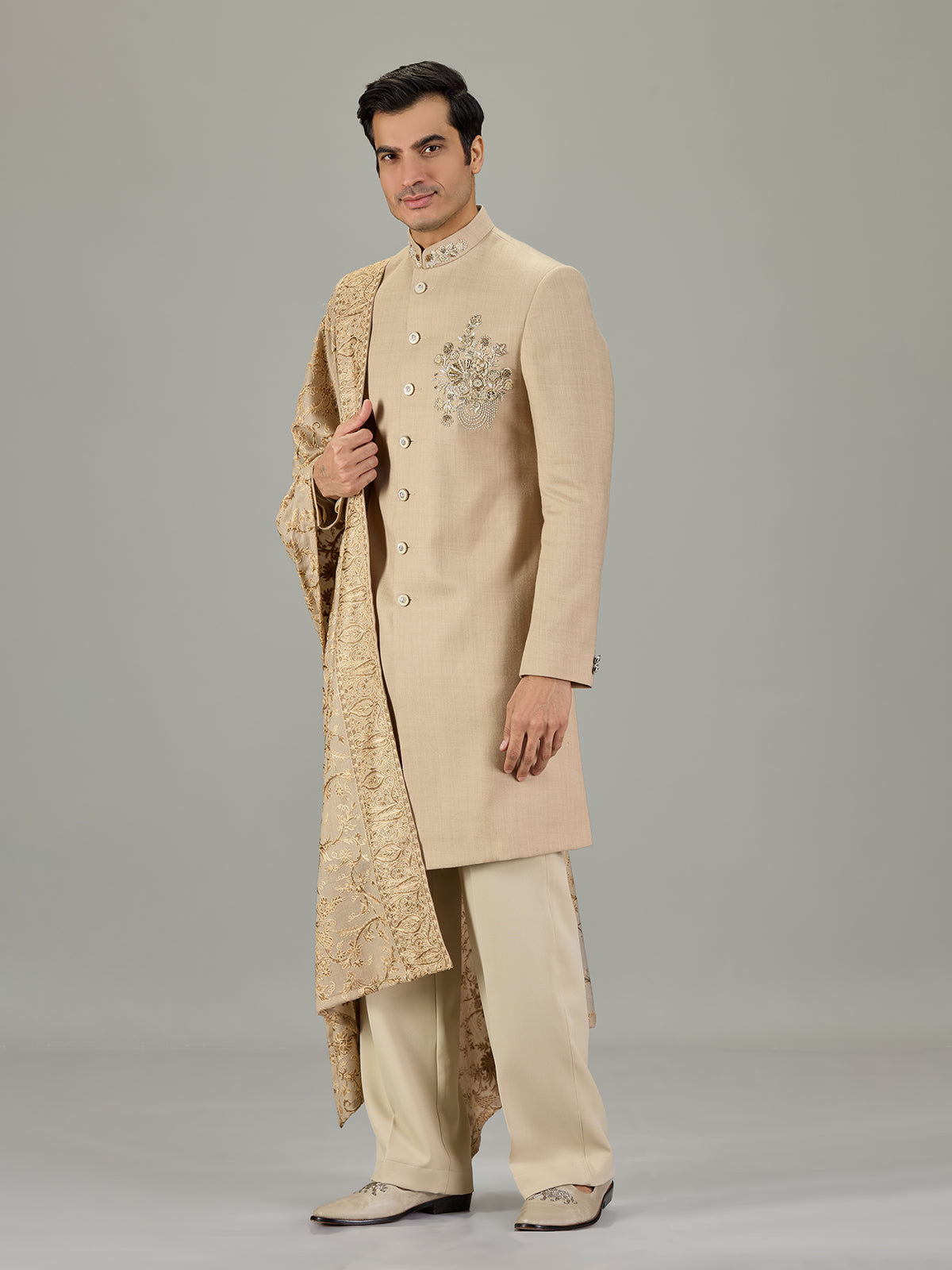Beige floral border embroidered men indo western