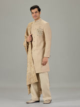 Beige floral border embroidered men indo western