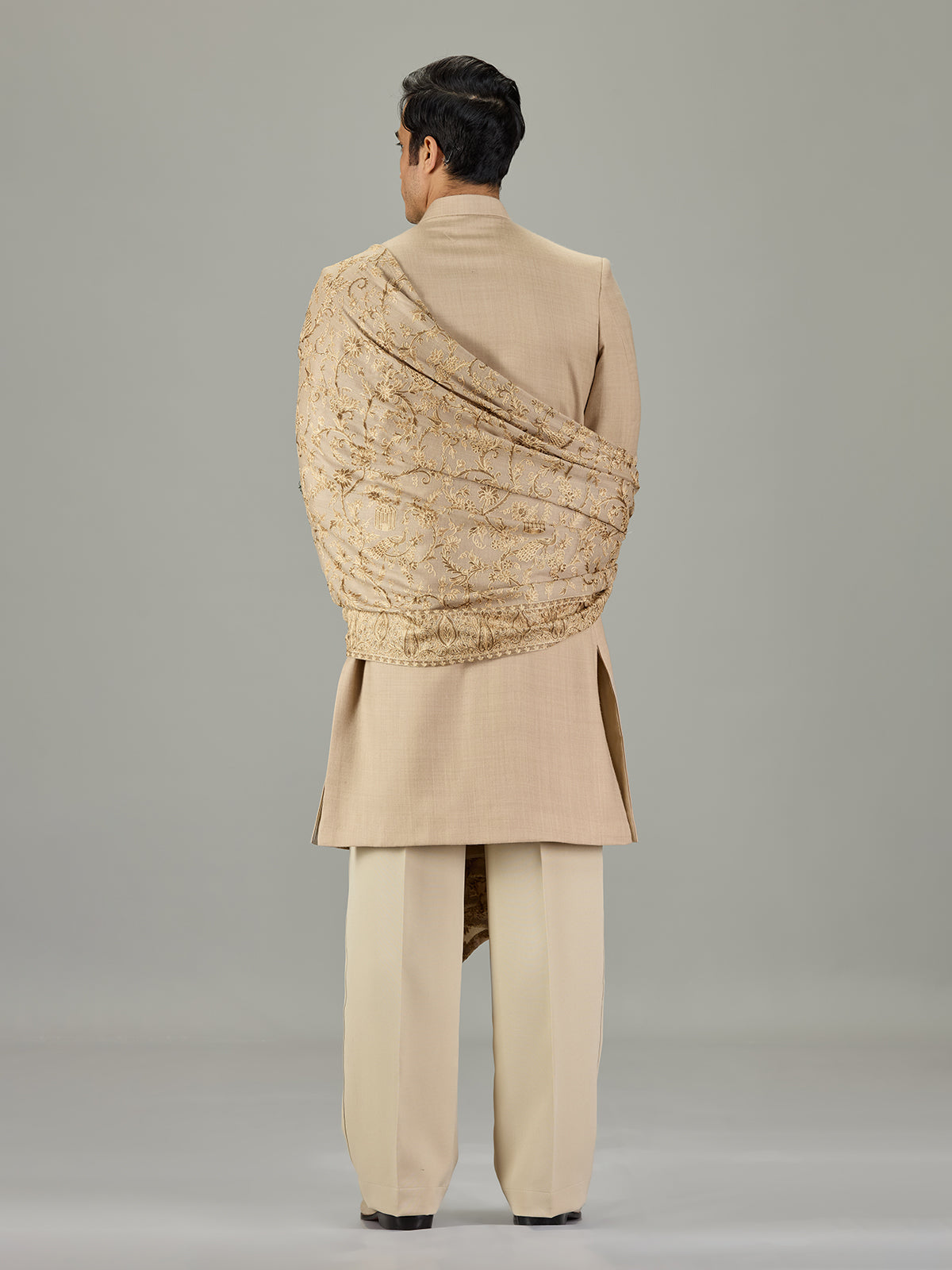 Beige floral border embroidered men indo western