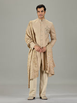 Beige floral border embroidered men indo western