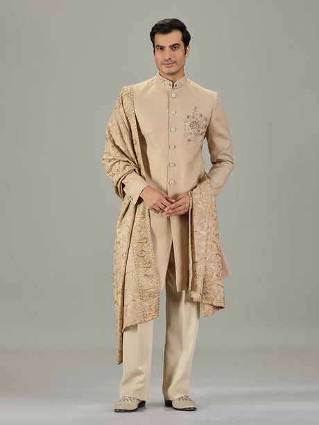 Beige floral border embroidered men indo western