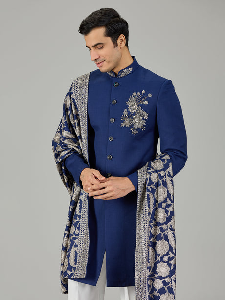 Royal blue crystal embellished men indo western