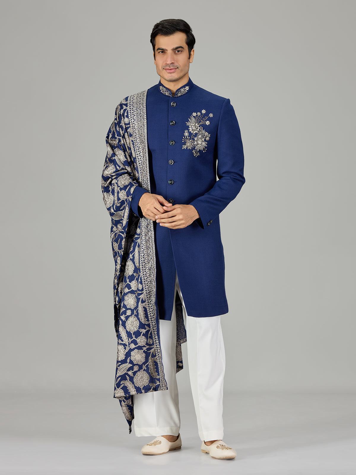 Royal blue crystal embellished men indo western