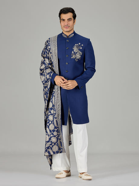 Royal blue crystal embellished men indo western