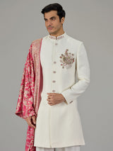 Pink cream floral tapestry men indo western