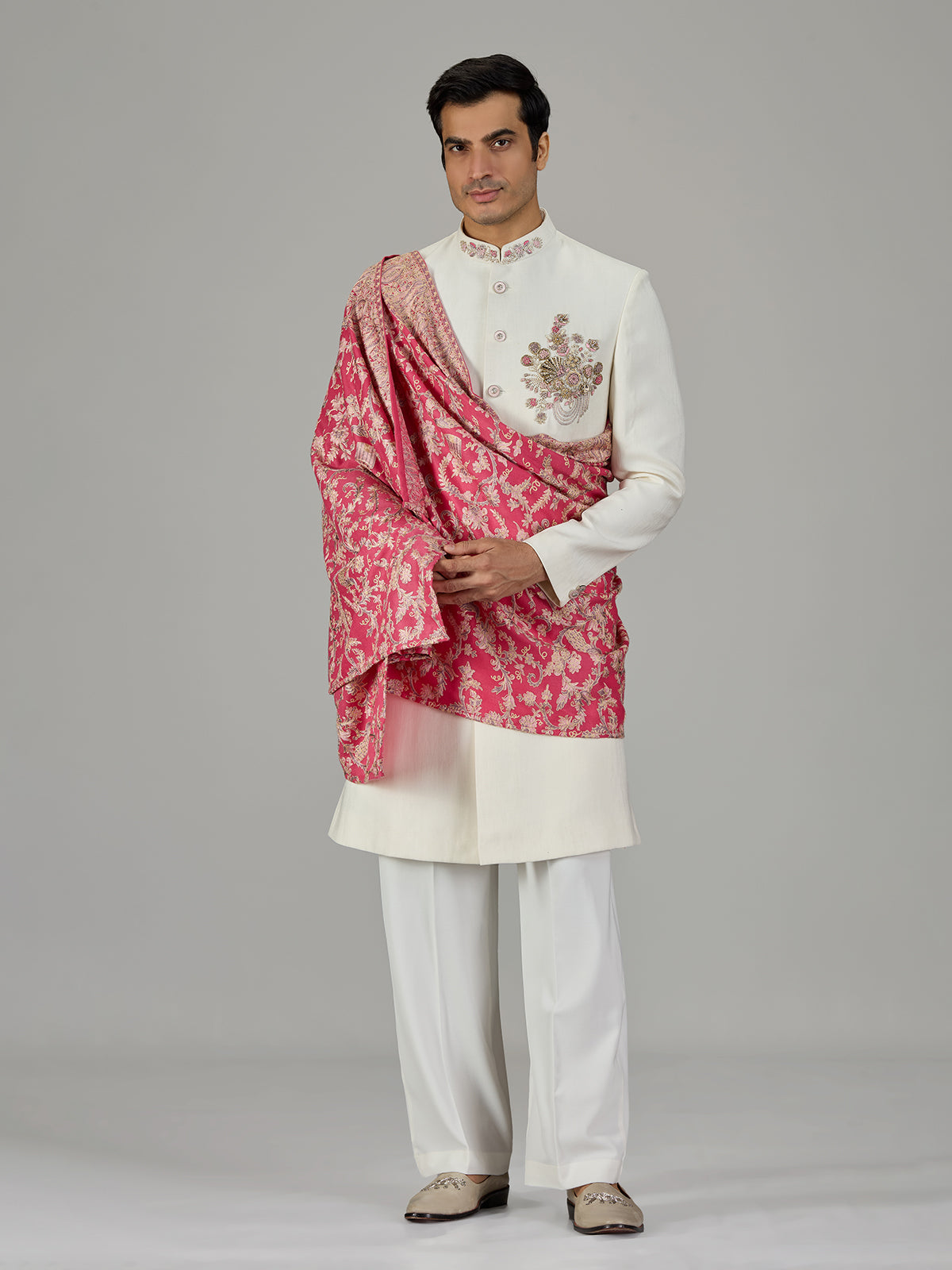 Pink cream floral tapestry men indo western