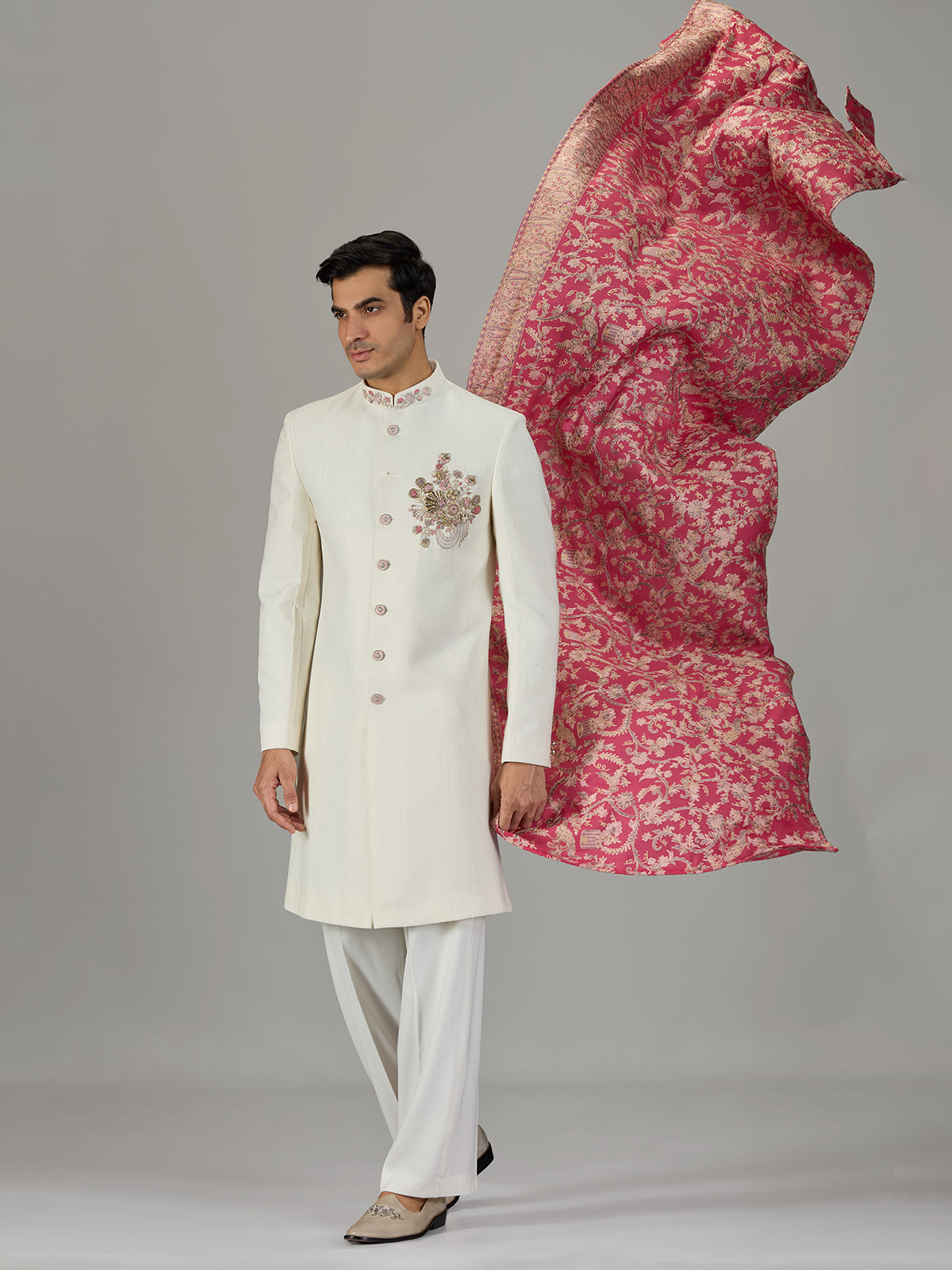 Pink cream floral tapestry men indo western