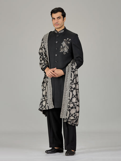 Black floral bouquet dupatta men indo western
