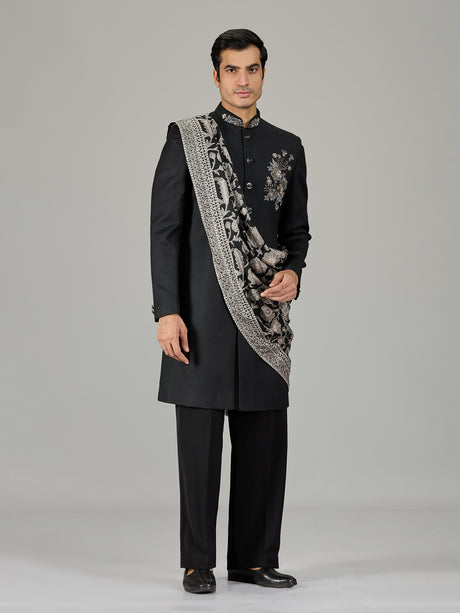 Black floral bouquet dupatta men indo western
