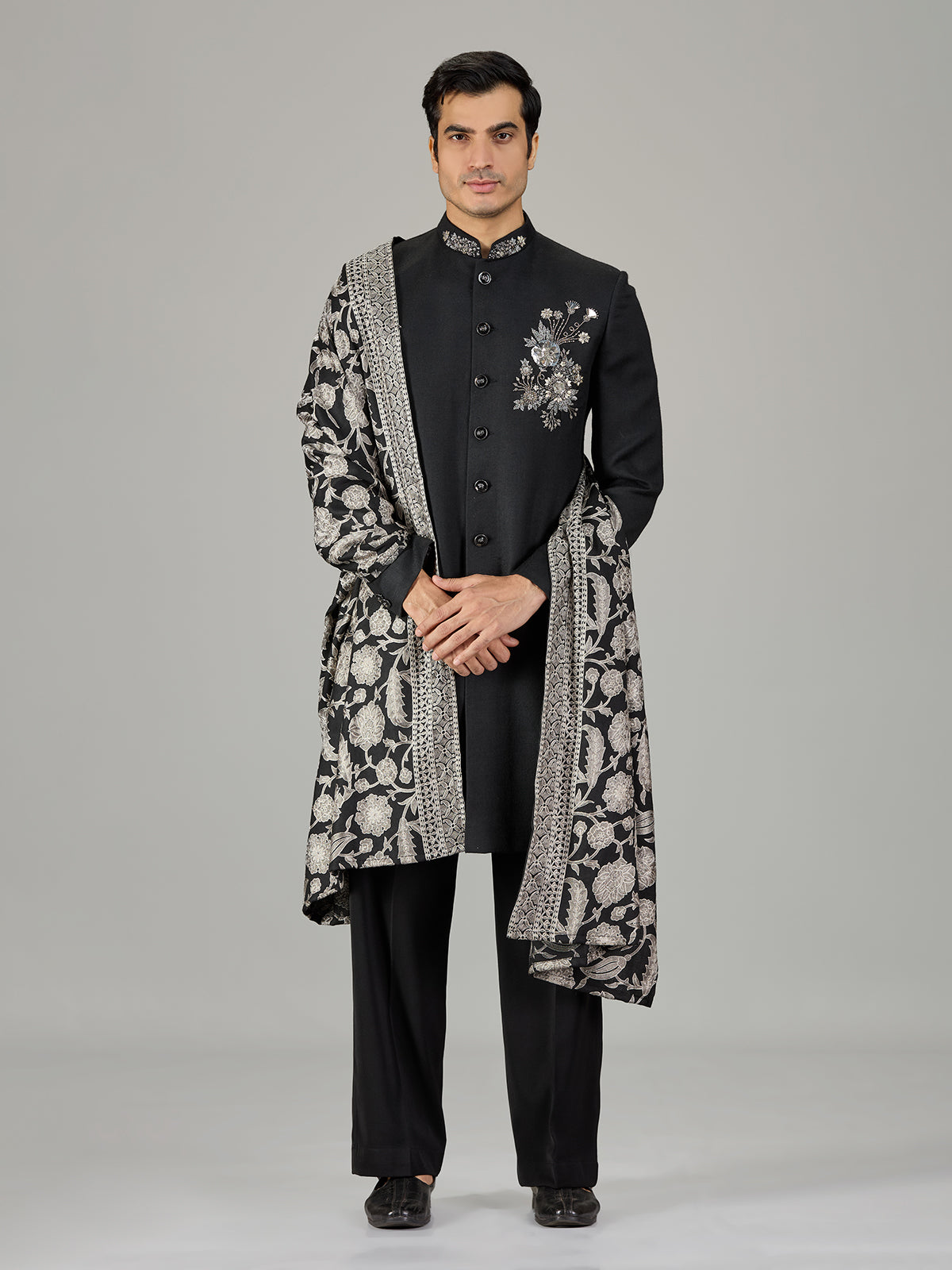 Black floral bouquet dupatta men indo western