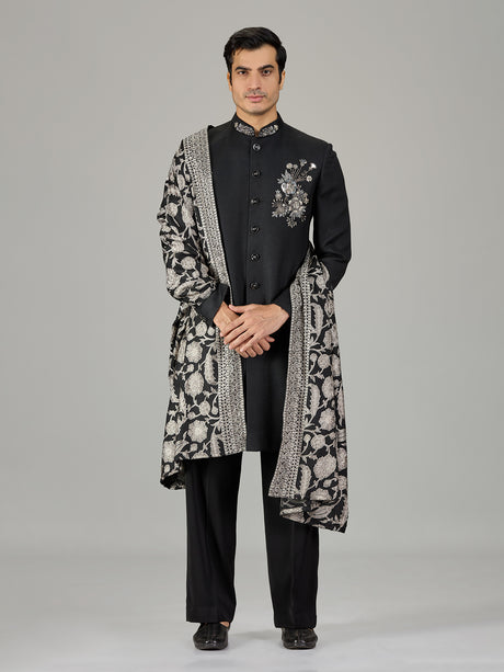 Black floral bouquet dupatta men indo western
