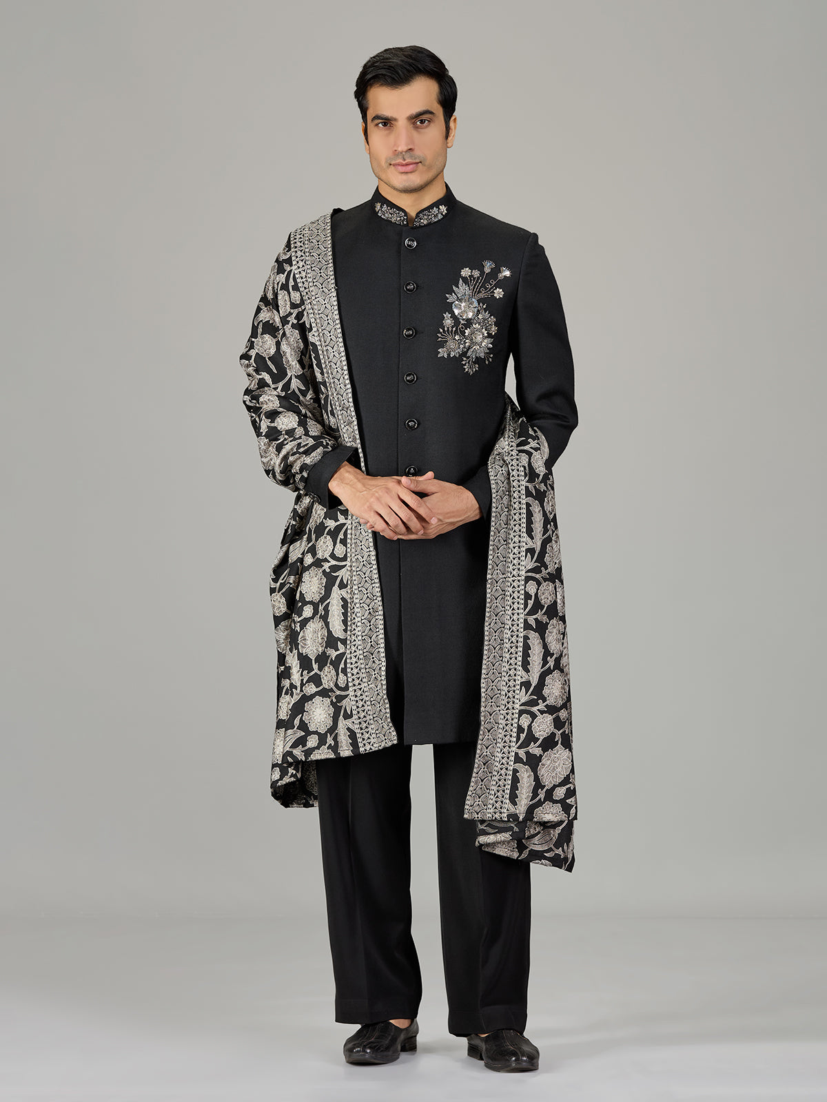 Black floral bouquet dupatta men indo western