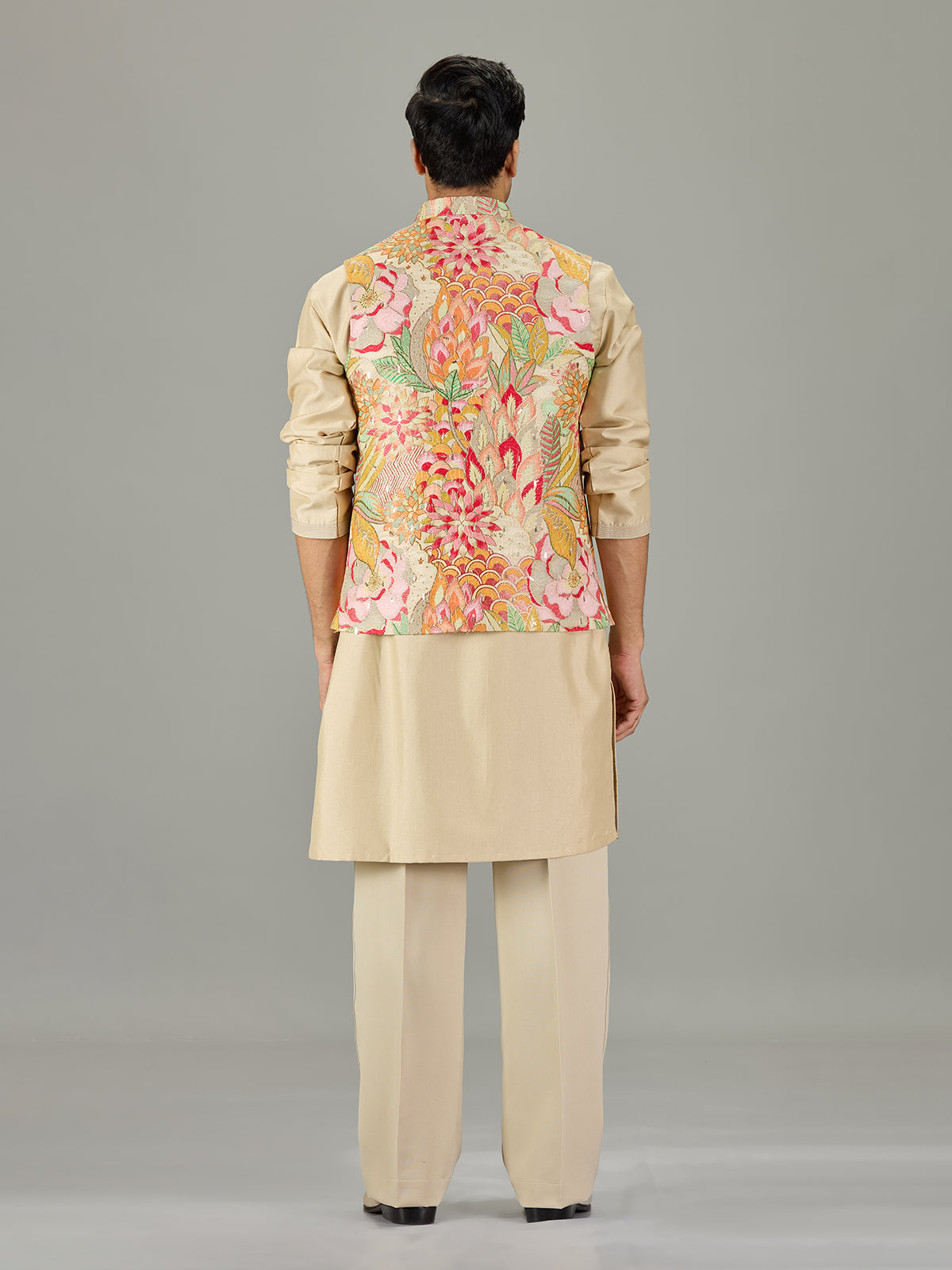 Beige printed floral men waistcoat set