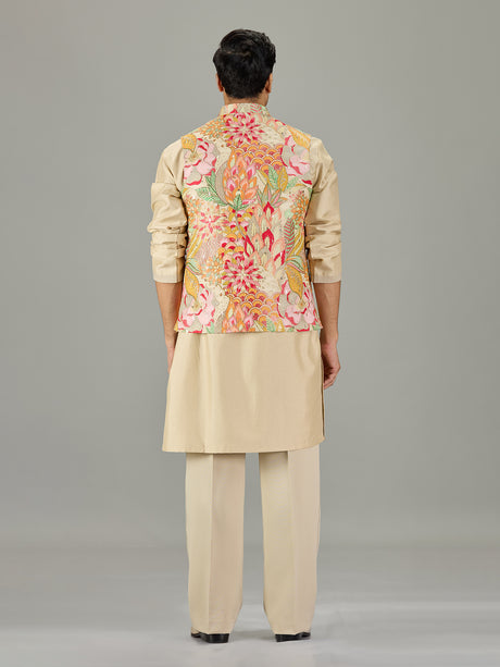 Beige printed floral men waistcoat set