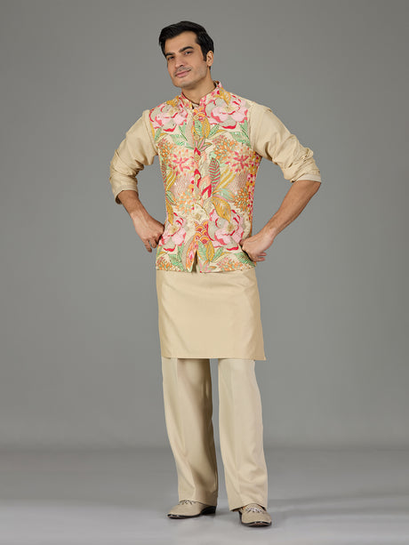Beige printed floral men waistcoat set