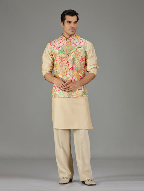 Beige printed floral men waistcoat set