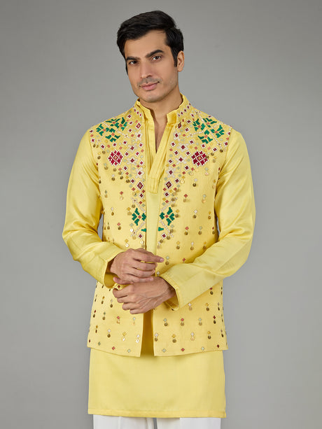 Yellow geometric floral men waistcoat set