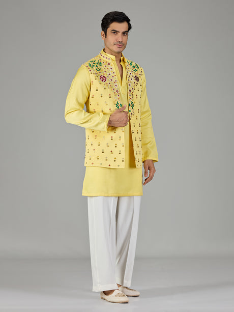 Yellow geometric floral men waistcoat set