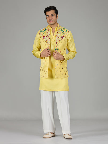 Yellow geometric floral men waistcoat set