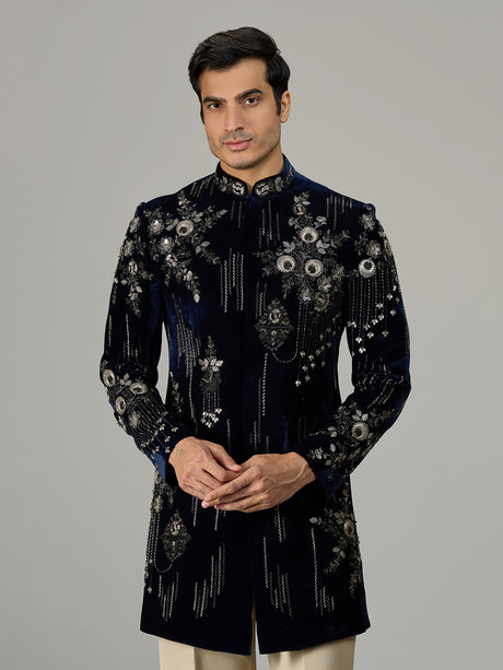 Navy blue floral medallion men indo western
