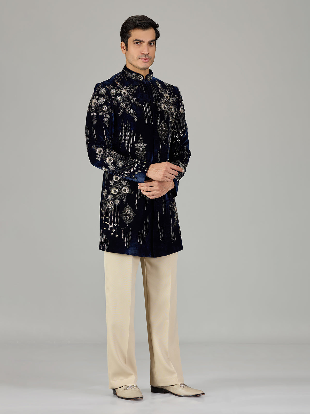 Navy blue floral medallion men indo western