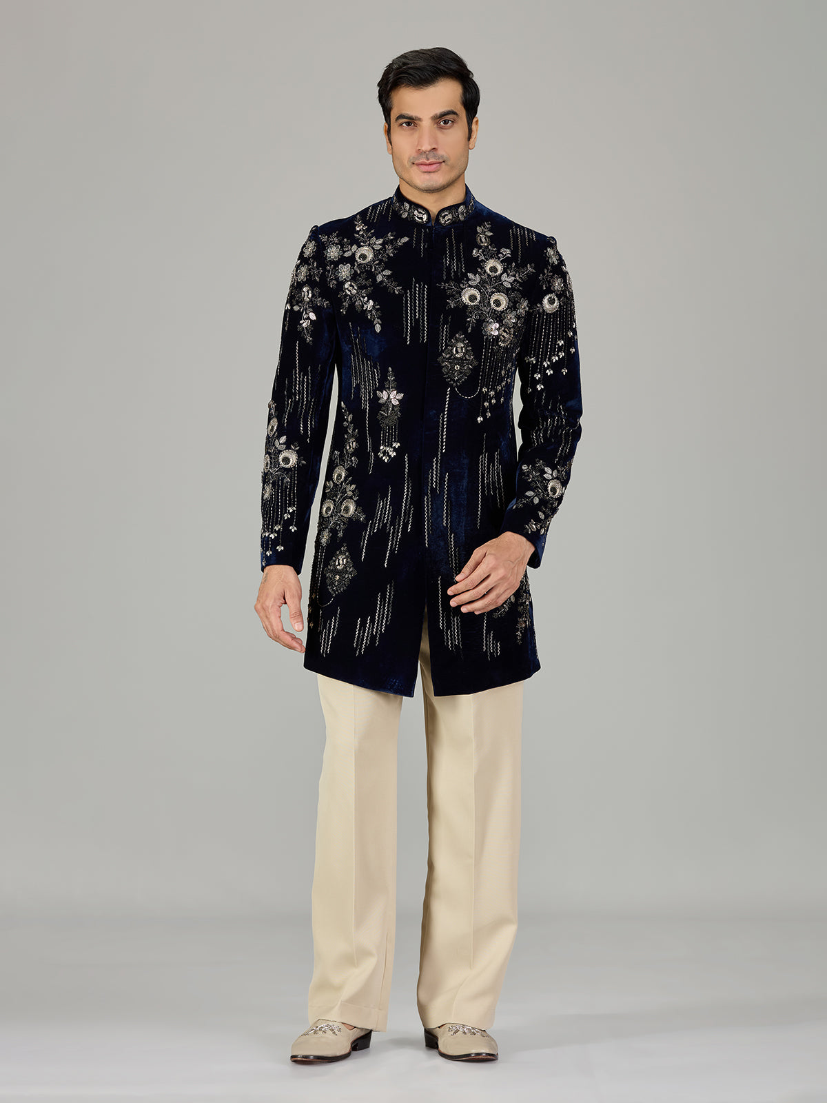 Navy blue floral medallion men indo western