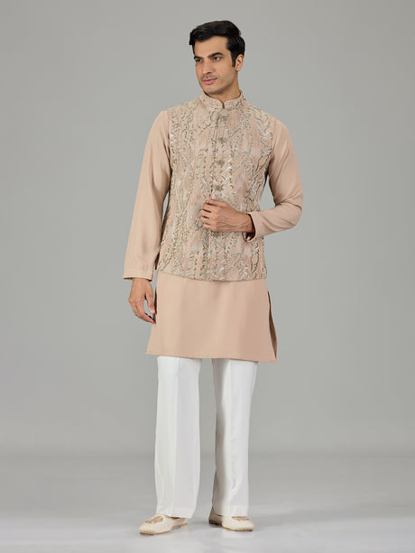 Dark beige vine embroidered men waistcoat set