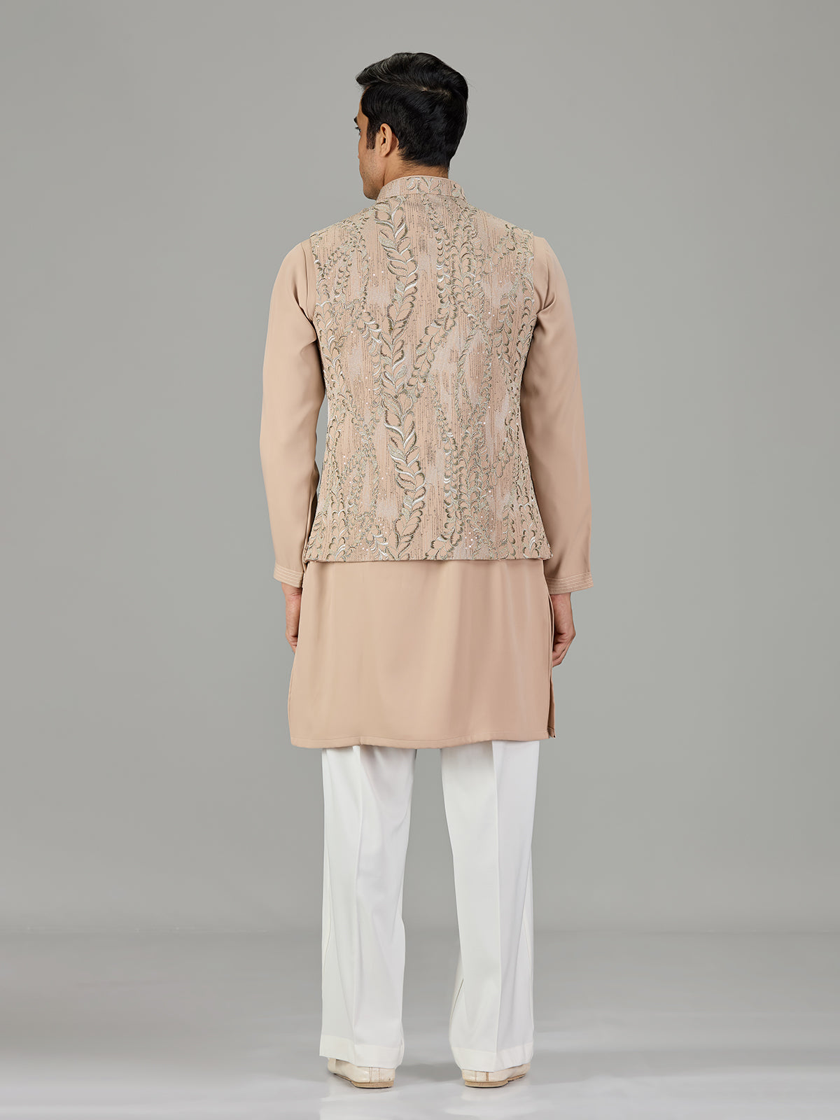 Dark beige vine embroidered men waistcoat set
