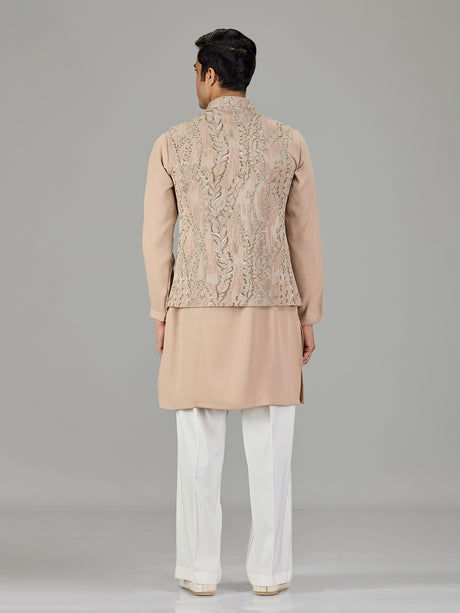 Dark beige vine embroidered men waistcoat set