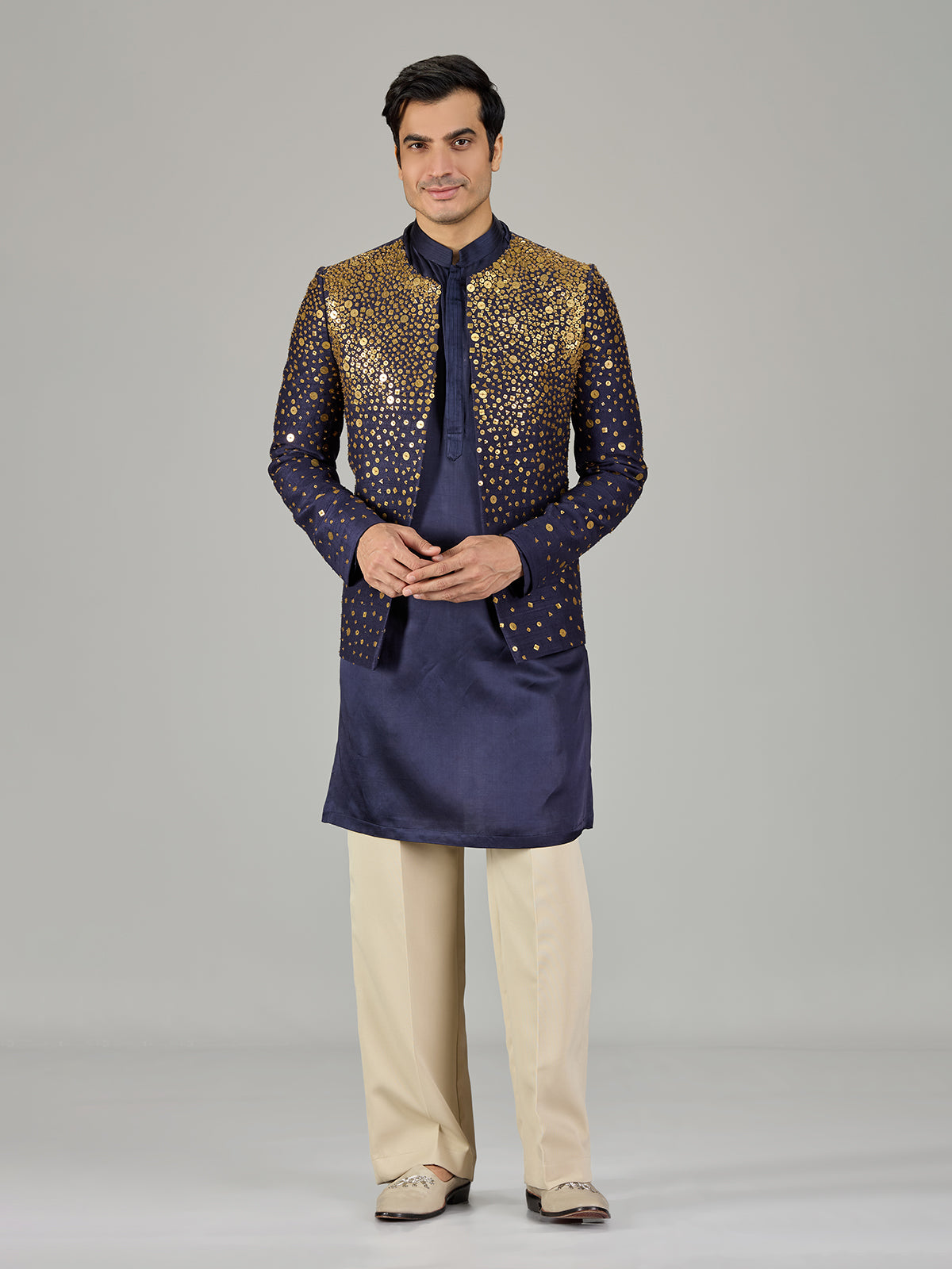 Navy blue metallic jacket men indo western