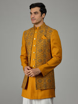 Mustard yellow floral trellis men indo western