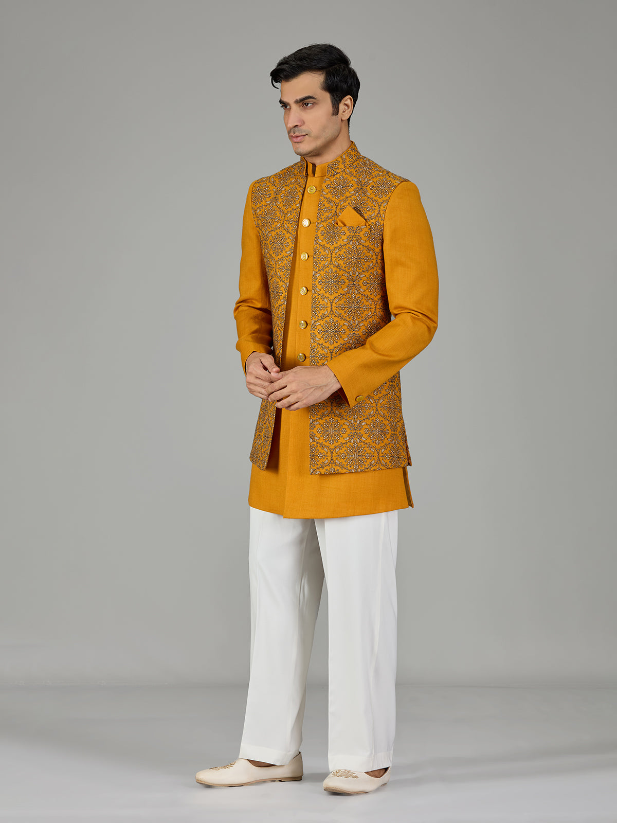Mustard yellow floral trellis men indo western