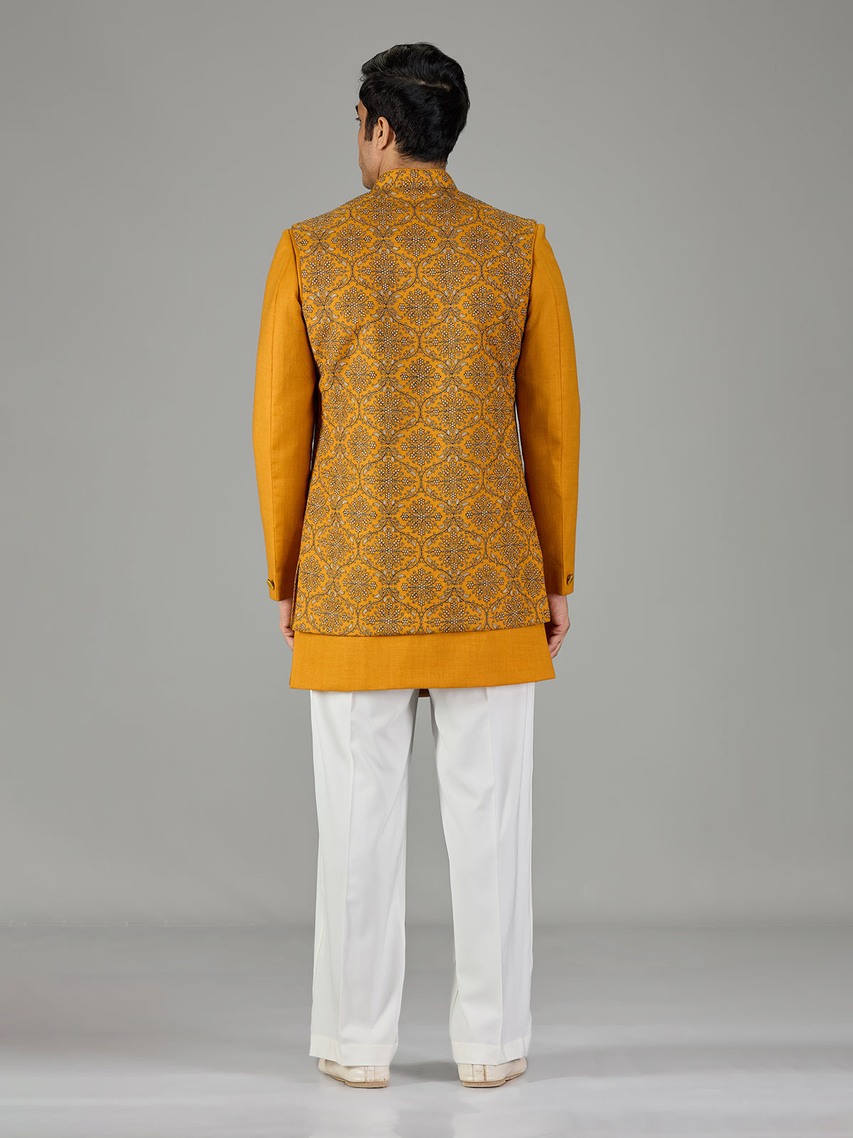 Mustard yellow floral trellis men indo western