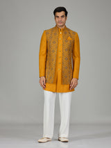 Mustard yellow floral trellis men indo western