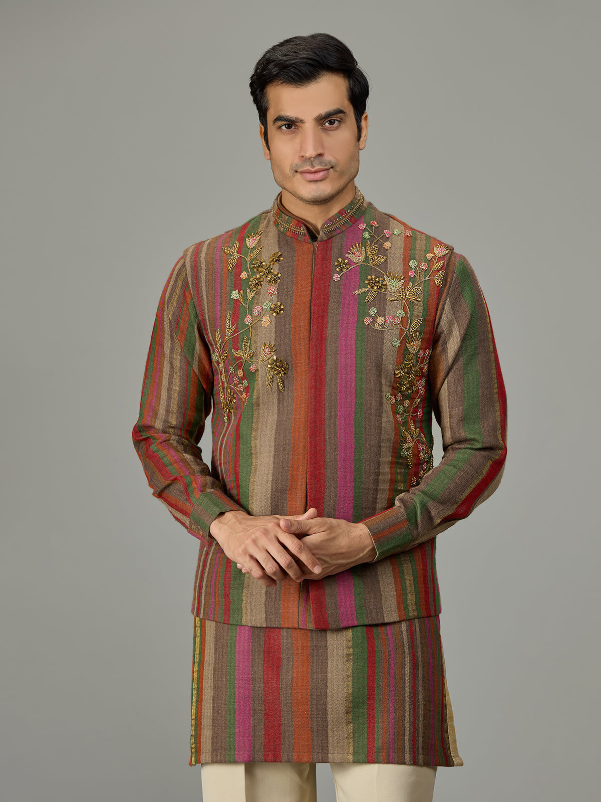 Multicolour striped embroidered men waistcoat set