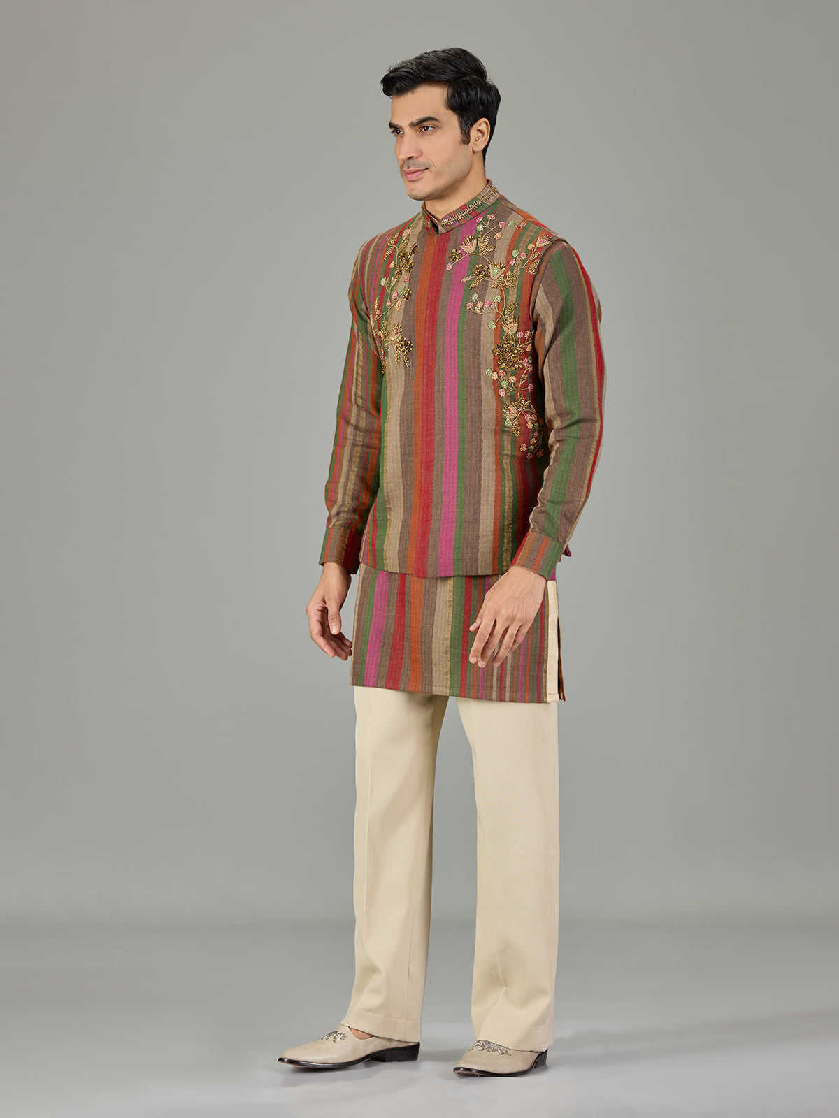 Multicolour striped embroidered men waistcoat set