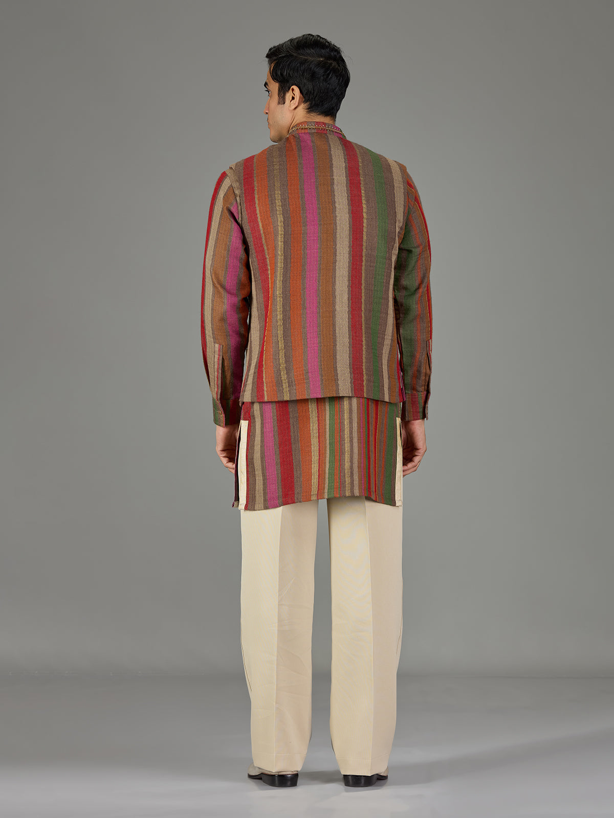 Multicolour striped embroidered men waistcoat set