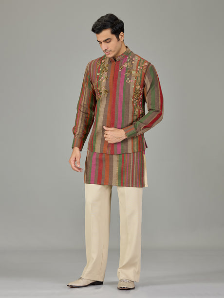Multicolour striped embroidered men waistcoat set