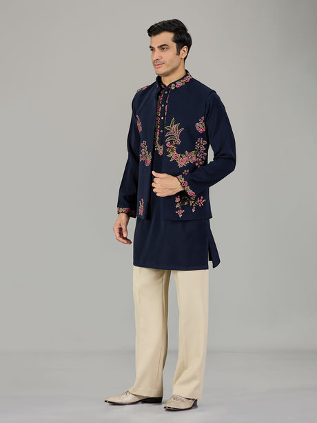 Deep navy botanical embroidered men waistcoat set