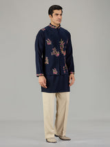 Deep navy botanical embroidered men waistcoat set